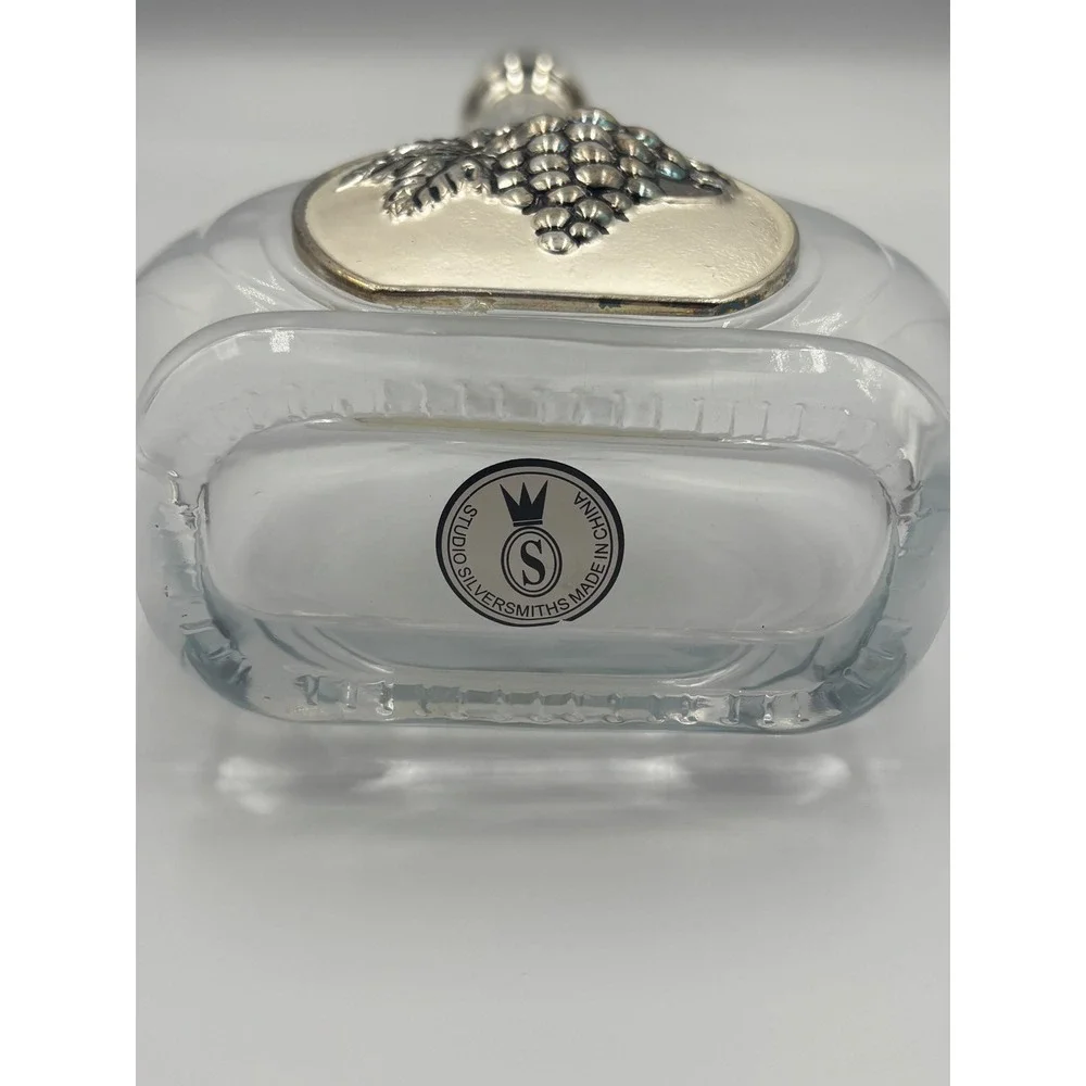 Studio Silversmiths Glass Wine Decanter with Silver Grape Medallion and Stopper
